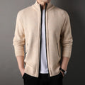 Men's textured knit cardigan with stand collar, zip fastening and ribbed trims