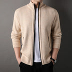 Men's textured knit cardigan with stand collar, zip fastening and ribbed trims
