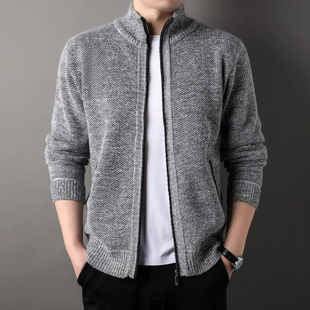 Men's textured knit cardigan with stand collar, zip fastening and ribbed trims