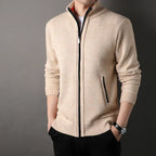 Men's textured knit cardigan with stand collar, zip fastening and ribbed trims