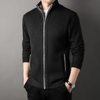 Men's textured knit cardigan with stand collar, zip fastening and ribbed trims