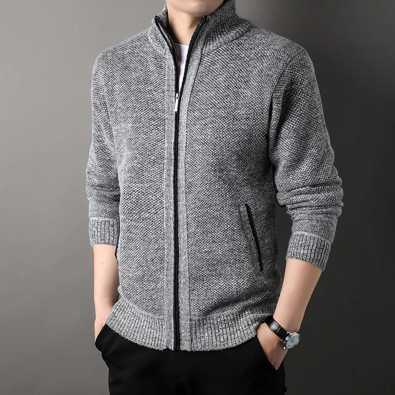 Men's textured knit cardigan with stand collar, zip fastening and ribbed trims