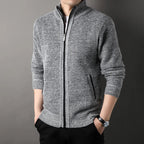 Men's textured knit cardigan with stand collar, zip fastening and ribbed trims