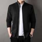 Men's textured knit cardigan with stand collar, zip fastening and ribbed trims