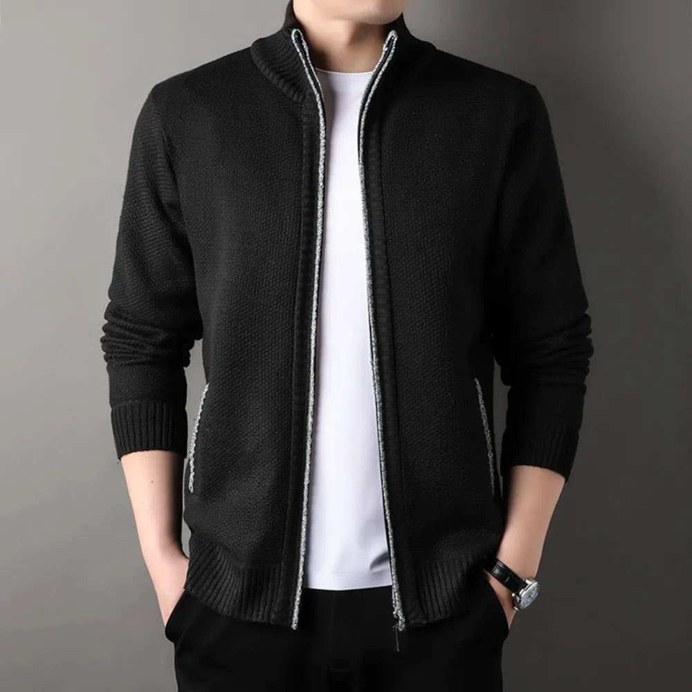 Men's textured knit cardigan with stand collar, zip fastening and ribbed trims