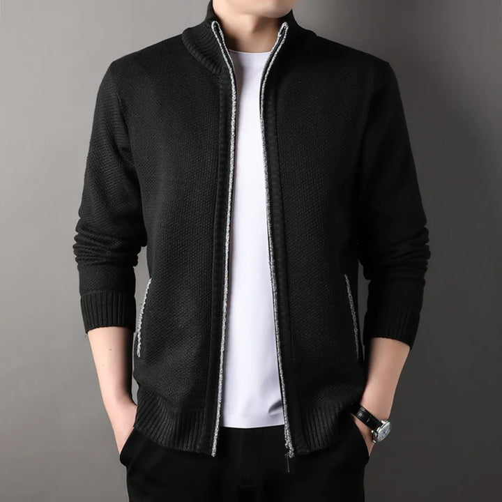 Men's textured knit cardigan with stand collar, zip fastening and ribbed trims