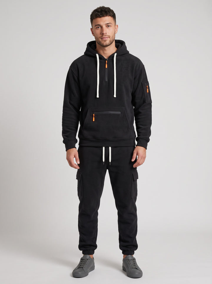 Men's Half-Zip Hooded Tracksuit with Cargo Joggers in black