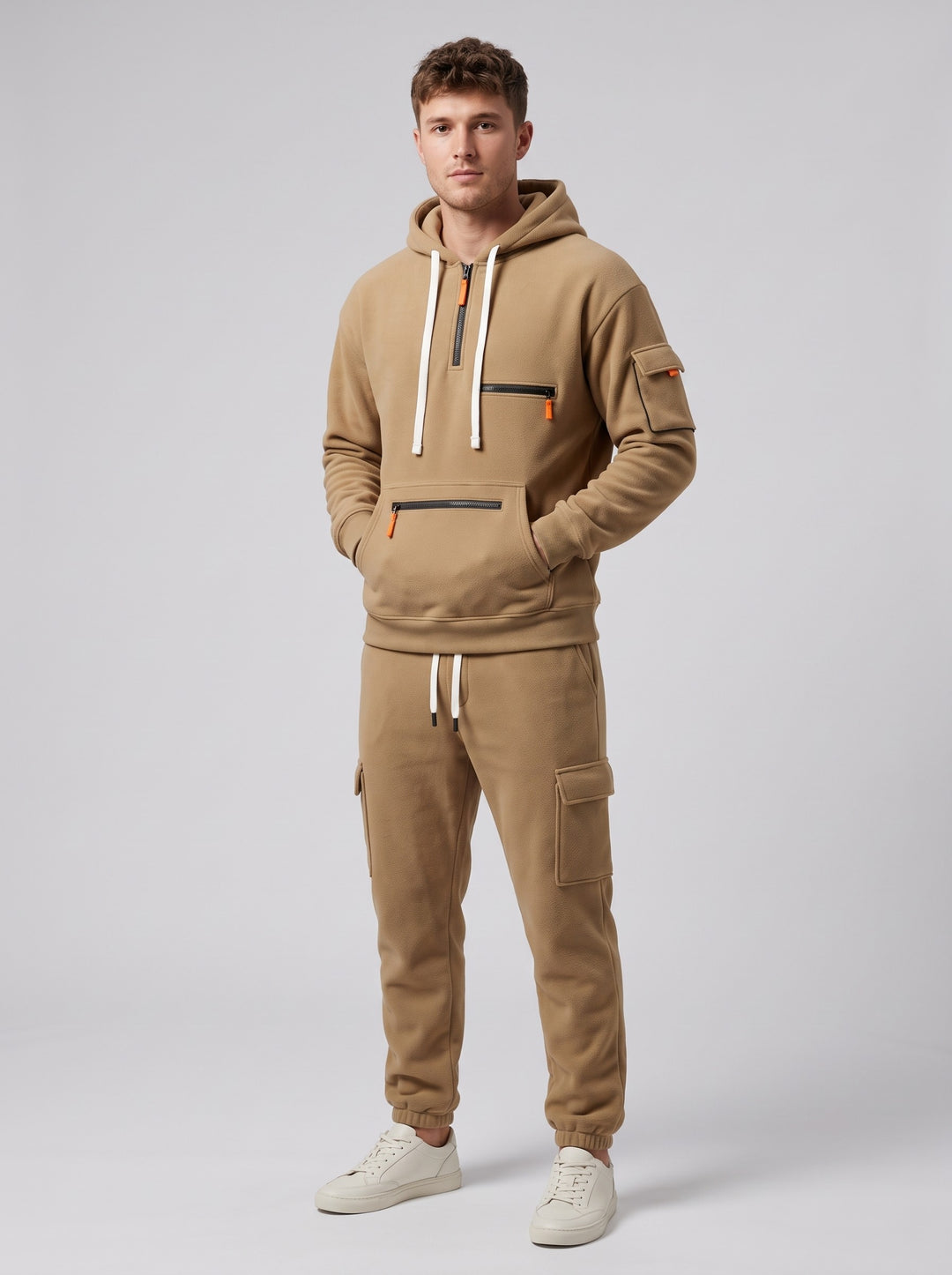 Men's Half-Zip Hooded Tracksuit with Cargo Joggers in khaki