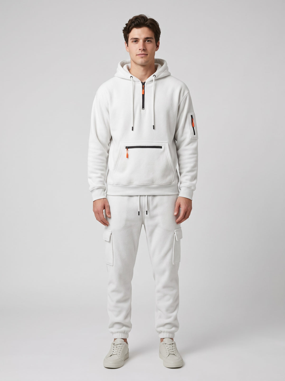 Men's Half-Zip Hooded Tracksuit with Cargo Joggers in white
