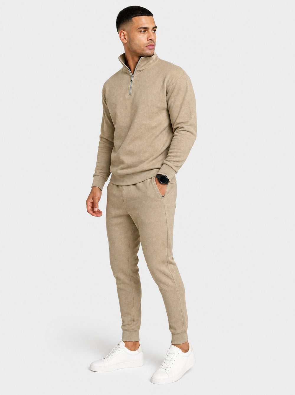Men's Textured Half-Zip Tracksuit in beige
