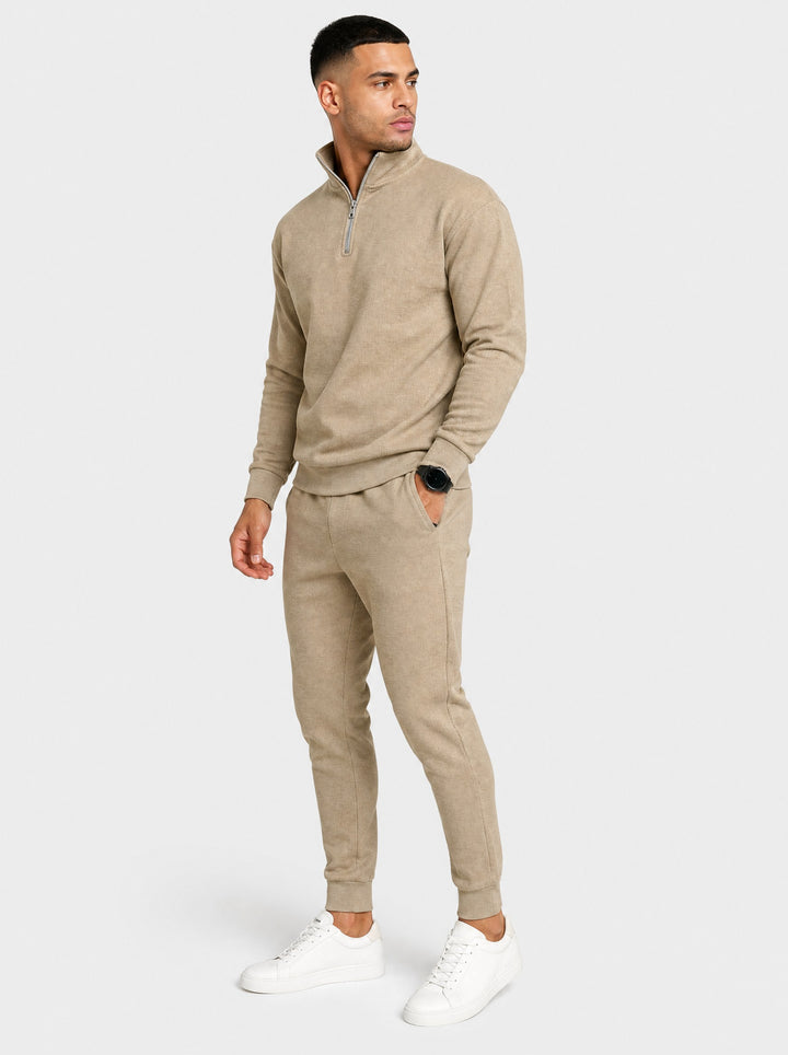 Men's Textured Half-Zip Tracksuit in beige