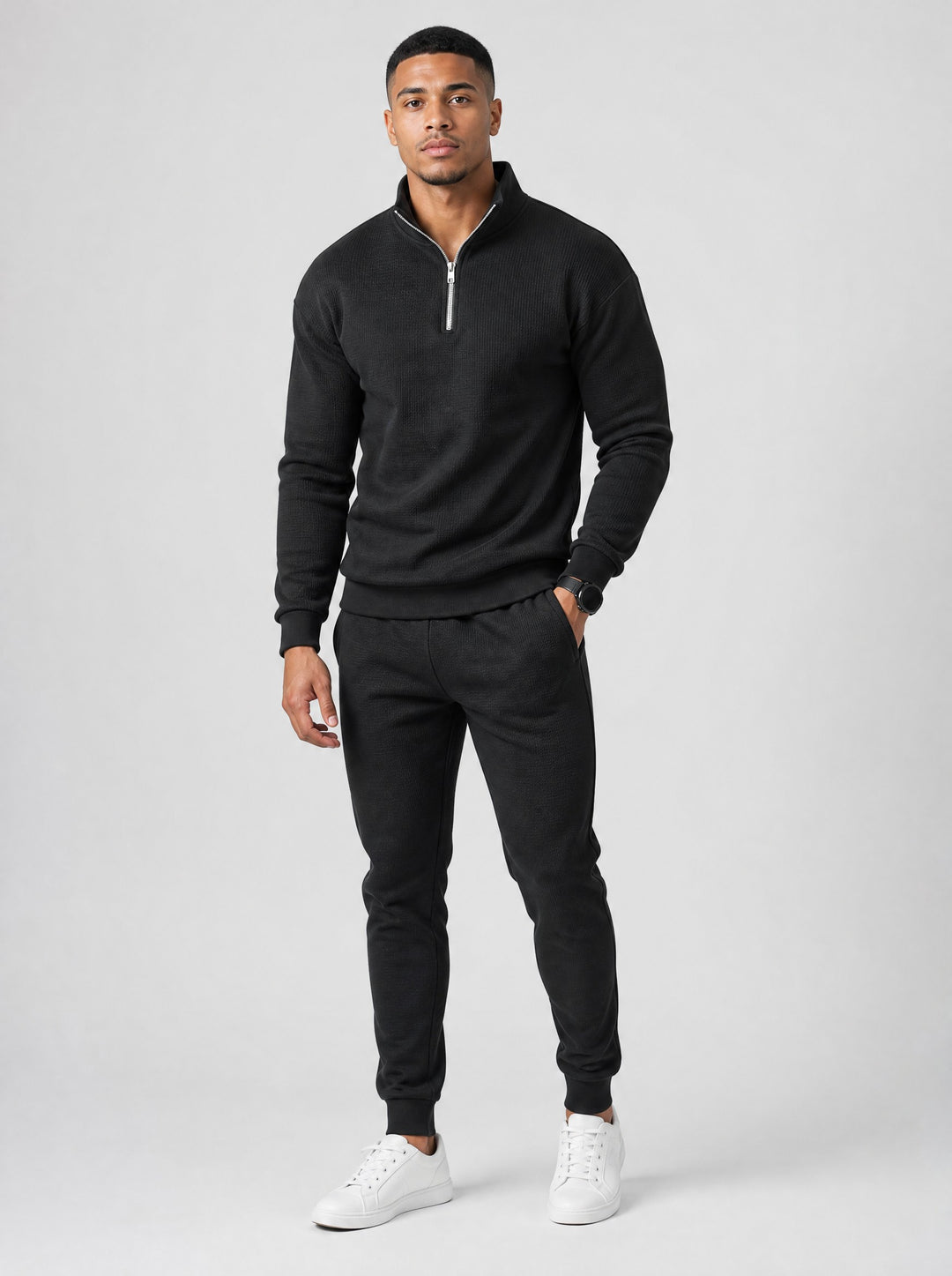 Men's Textured Half-Zip Tracksuit in black