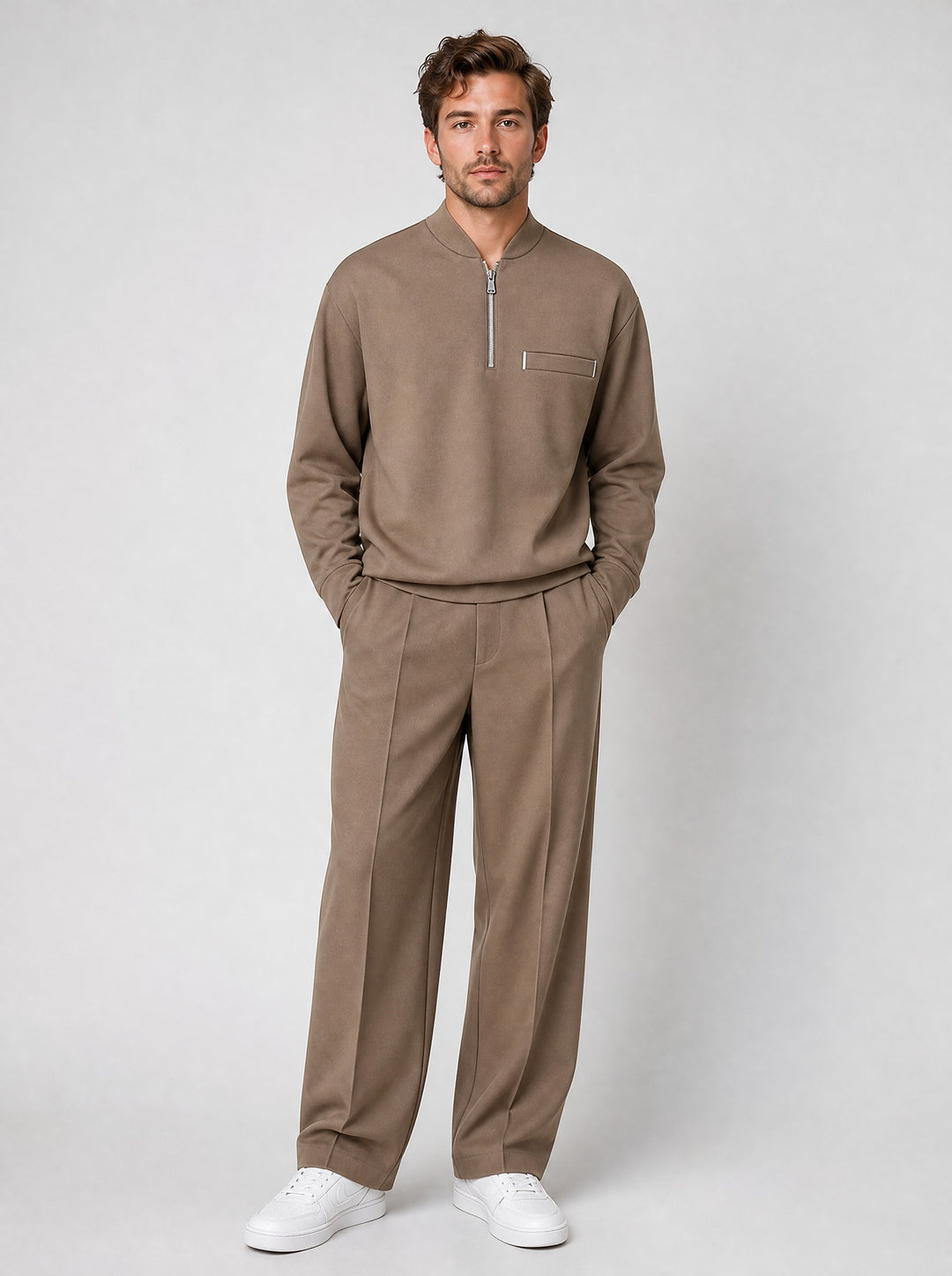 Men's Half-Zip Two-Piece Set in taupe