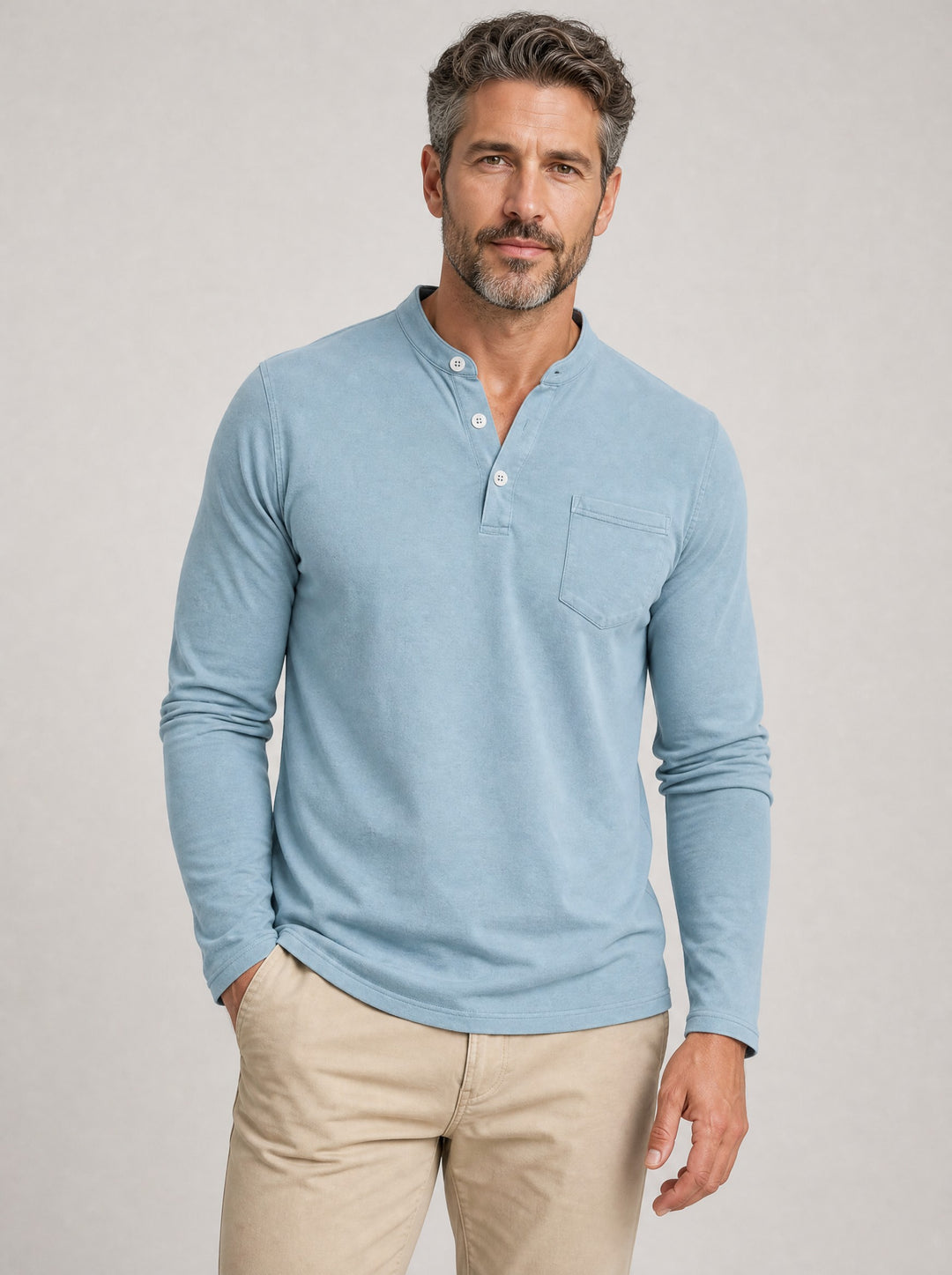 Men's Grandad Collar Henley Shirt in light blue
