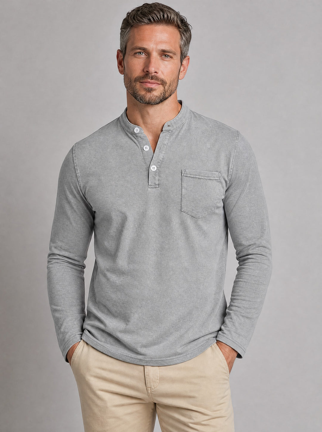 Men's Grandad Collar Henley Shirt in light grey
