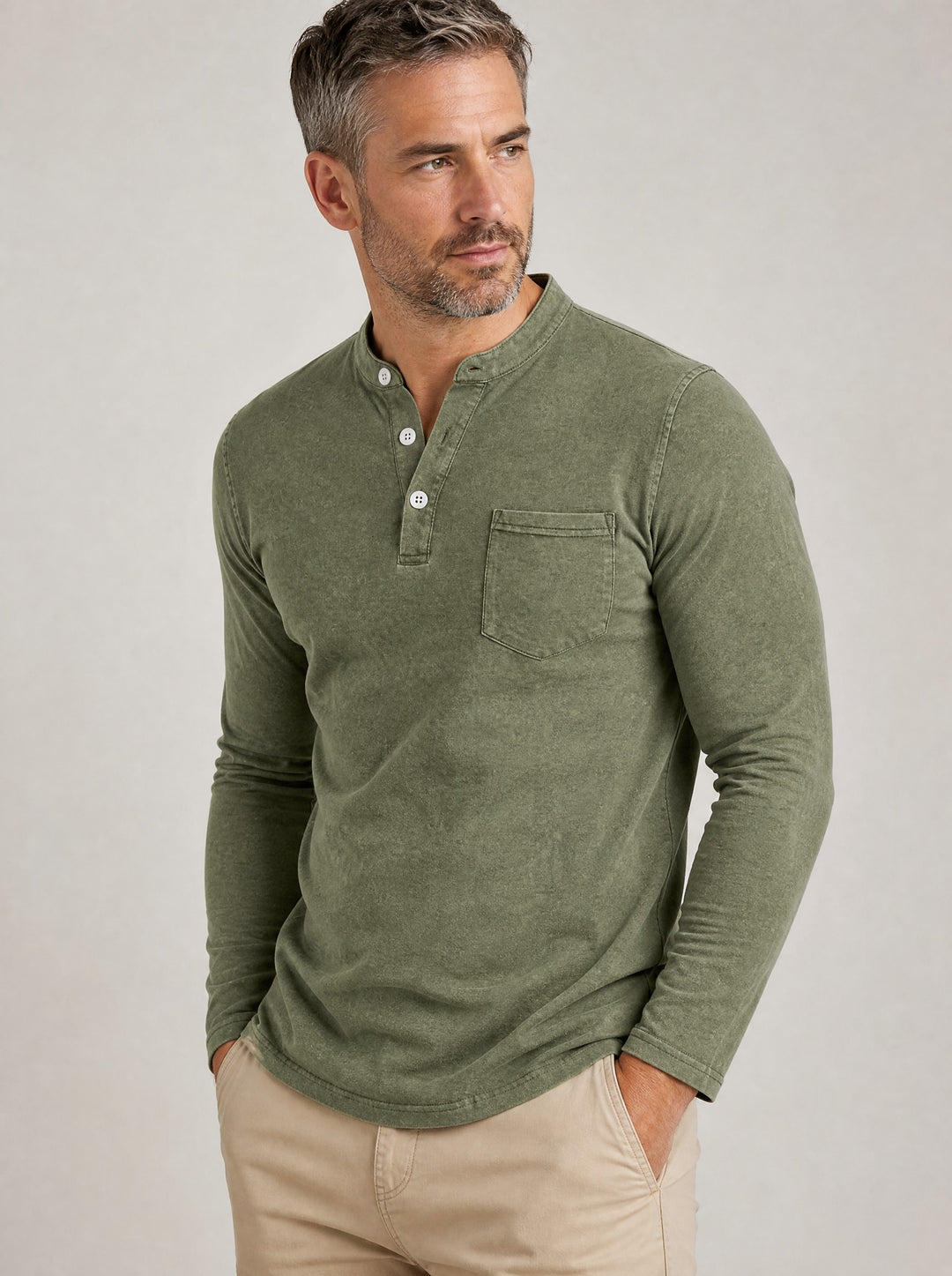 Men's Grandad Collar Henley Shirt in military green