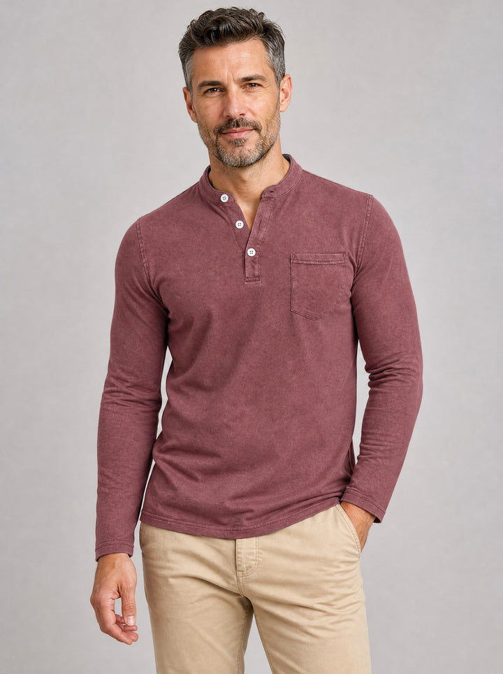 Men's Grandad Collar Henley Shirt in wine