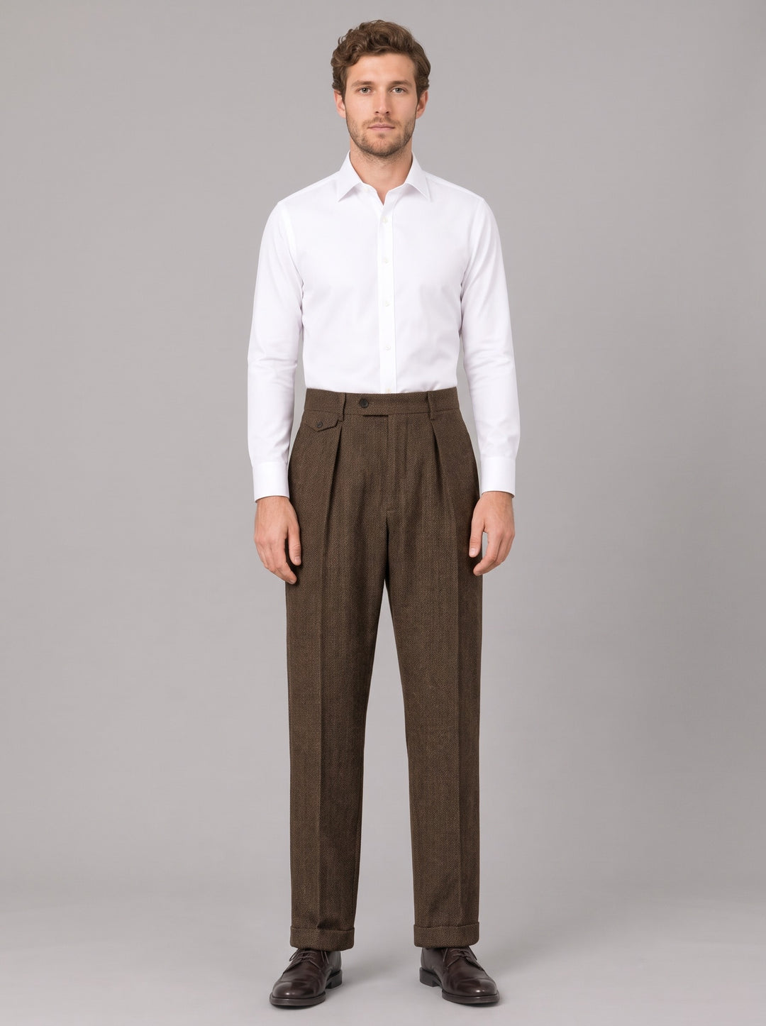 Men's Herringbone Pleated Trousers in brown