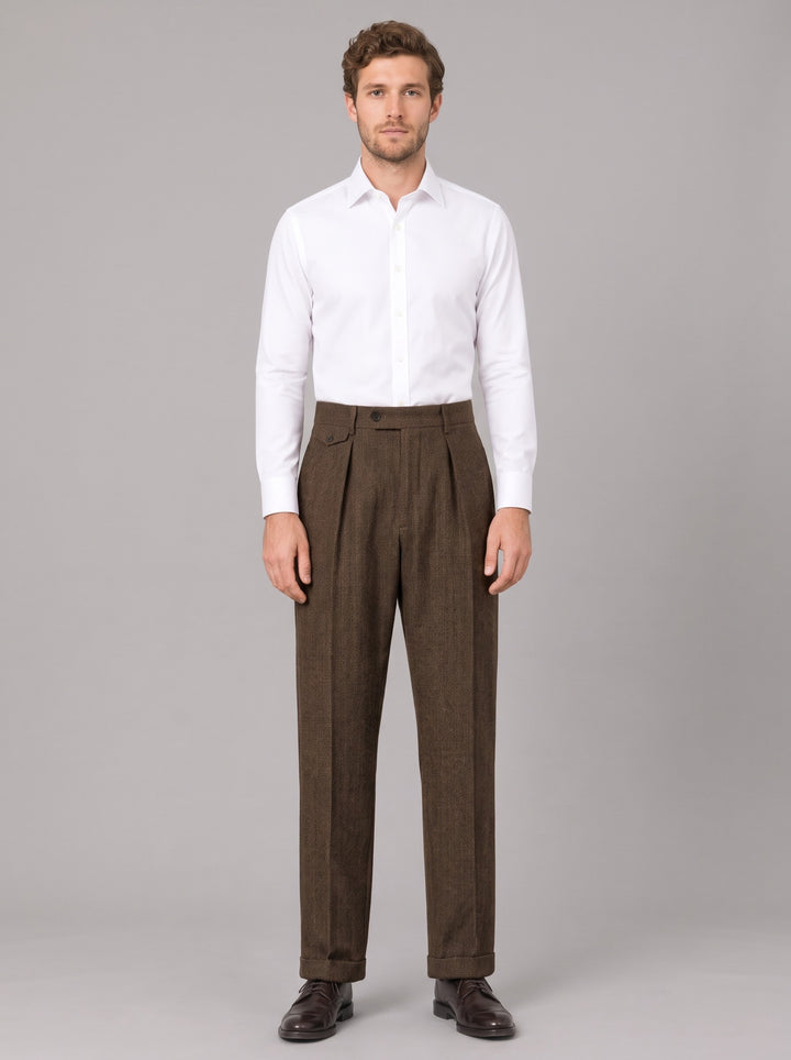 Men's Herringbone Pleated Trousers in brown