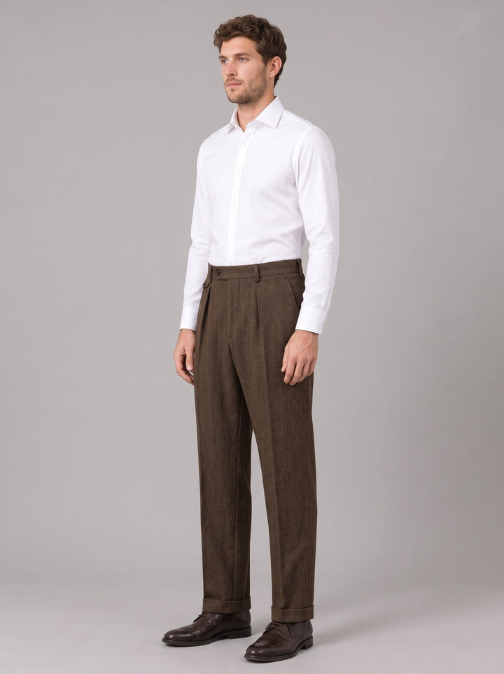Men's Herringbone Pleated Trousers in brown