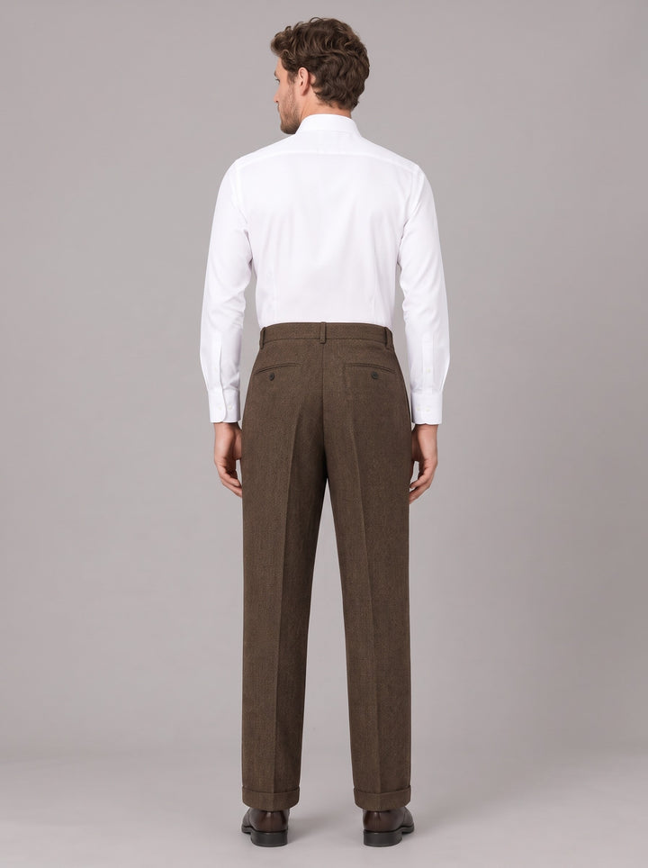 Men's Herringbone Pleated Trousers in brown
