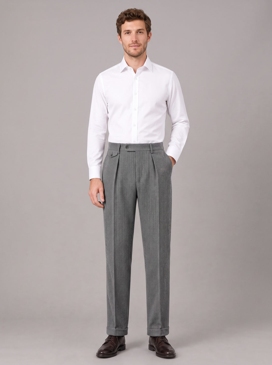 Men's Herringbone Pleated Trousers in grey