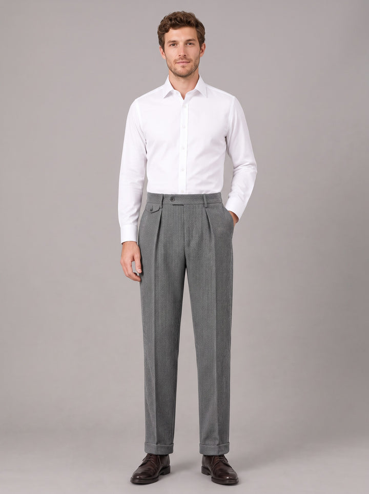Men's Herringbone Pleated Trousers in grey