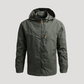 Men's hooded full-zip windbreaker jacket with long sleeves and zipped chest pocket
