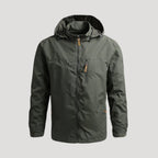 Men's hooded full-zip windbreaker jacket with long sleeves and zipped chest pocket
