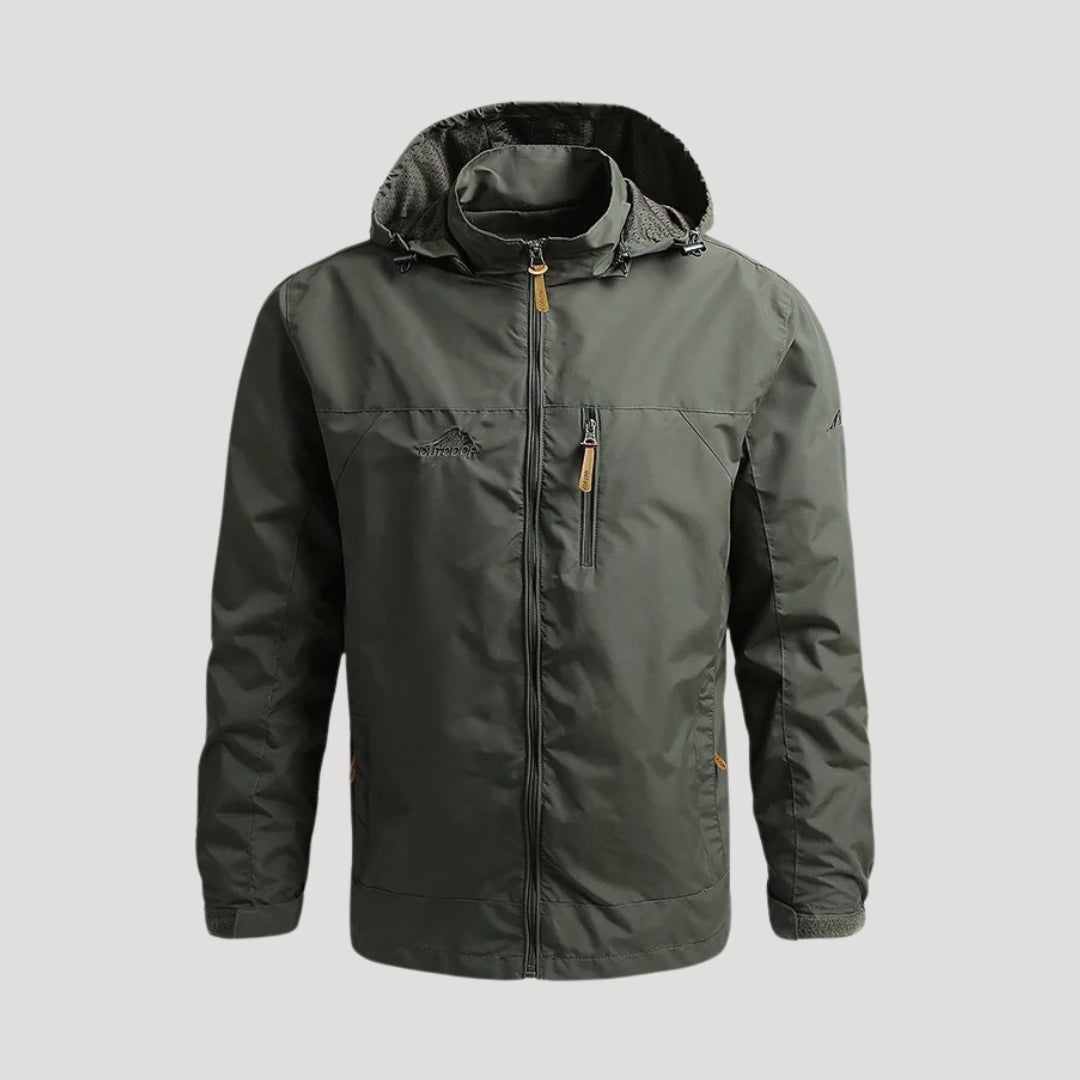Men's hooded full-zip windbreaker jacket with long sleeves and zipped chest pocket