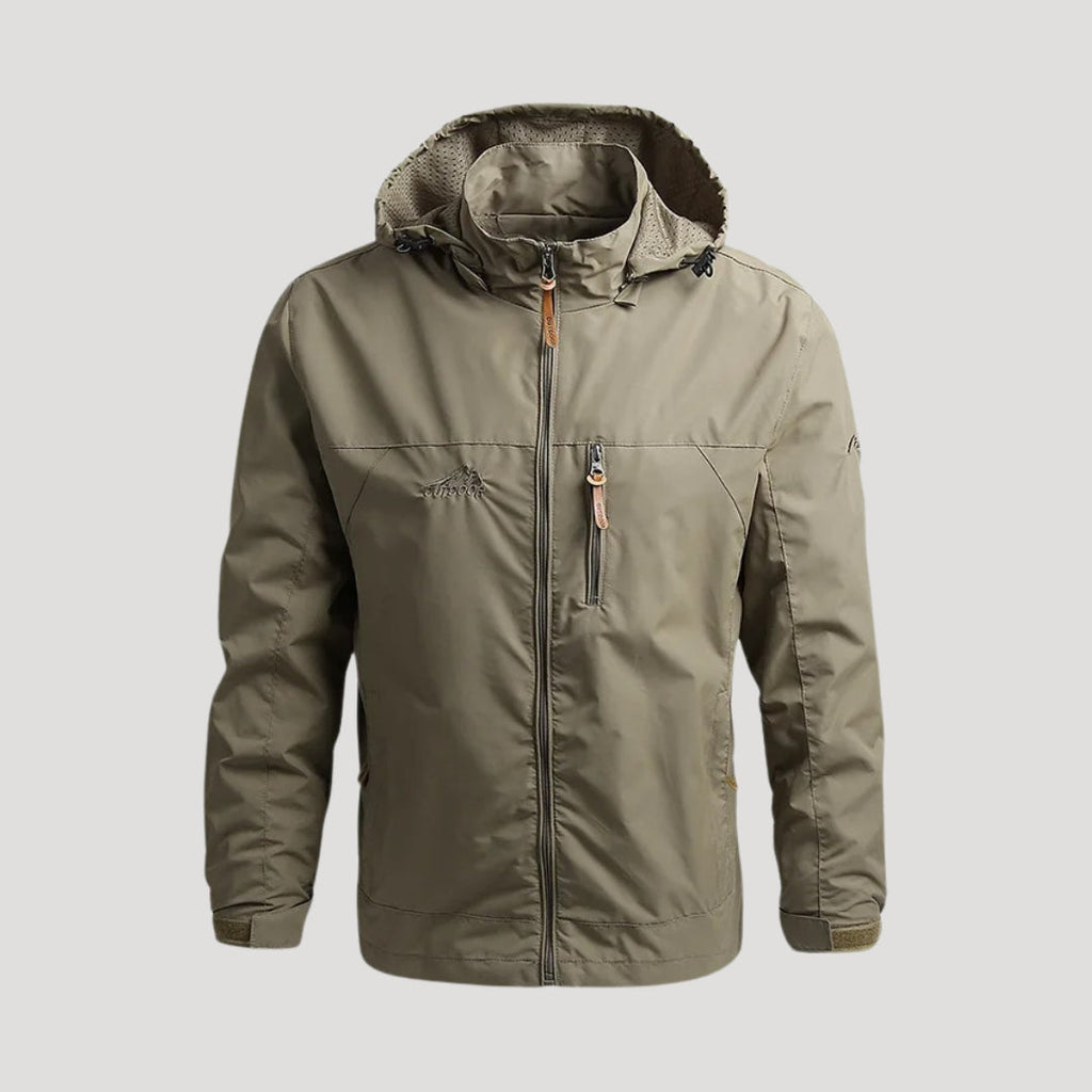 Men's hooded full-zip windbreaker jacket with long sleeves and zipped chest pocket
