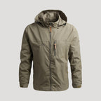 Men's hooded full-zip windbreaker jacket with long sleeves and zipped chest pocket