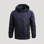 Men's hooded full-zip windbreaker jacket with long sleeves and zipped chest pocket