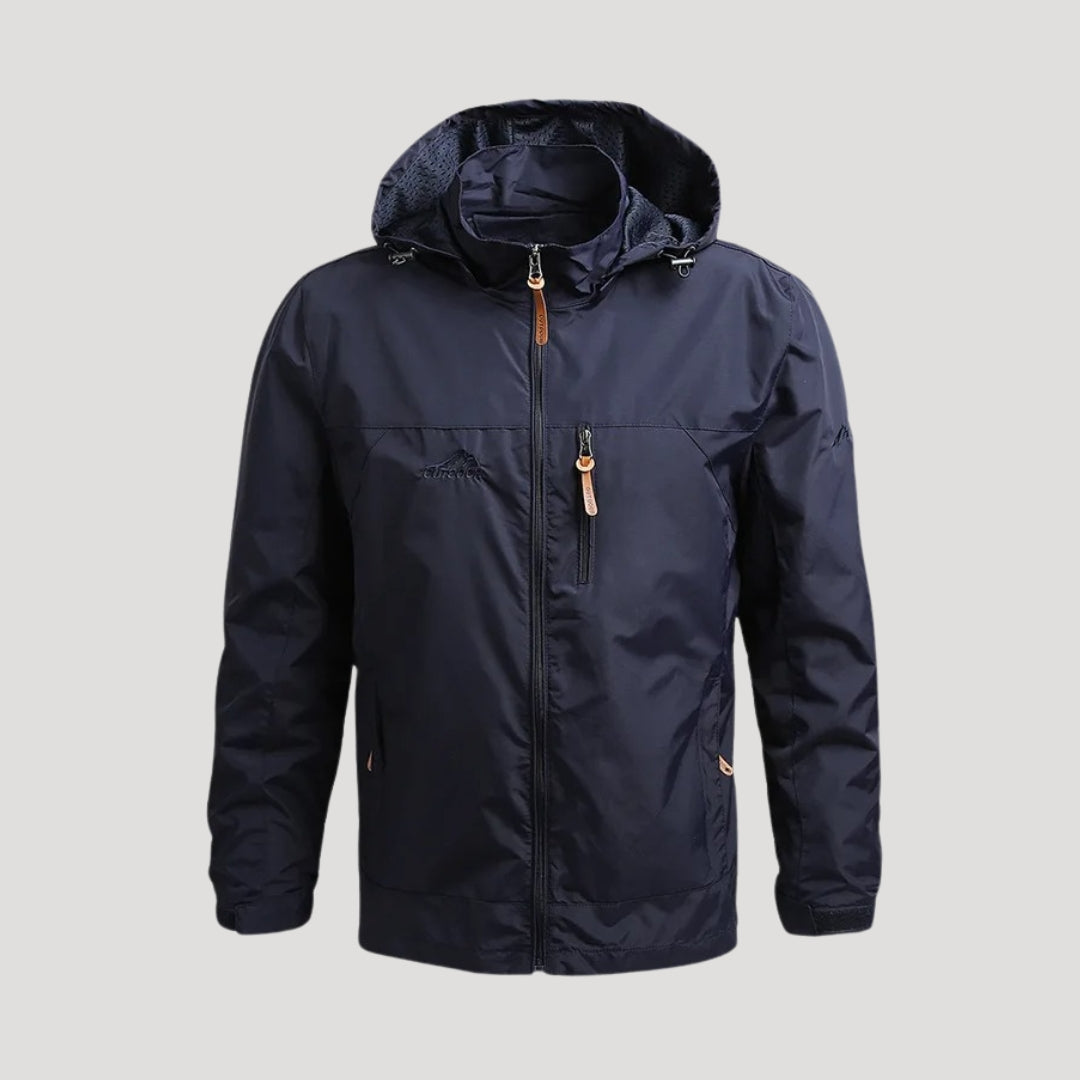 Men's hooded full-zip windbreaker jacket with long sleeves and zipped chest pocket