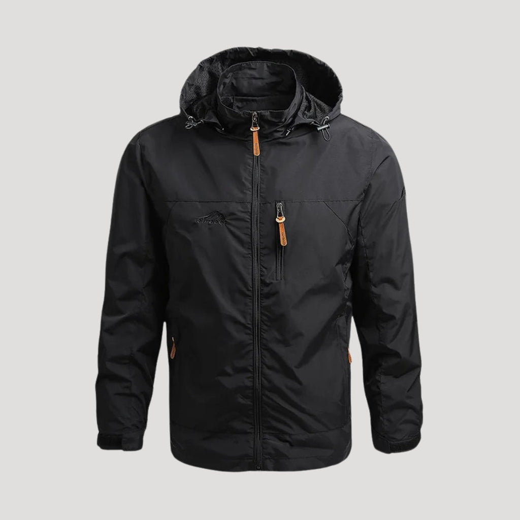 Men's hooded full-zip windbreaker jacket with long sleeves and zipped chest pocket