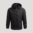 Men's hooded full-zip windbreaker jacket with long sleeves and zipped chest pocket