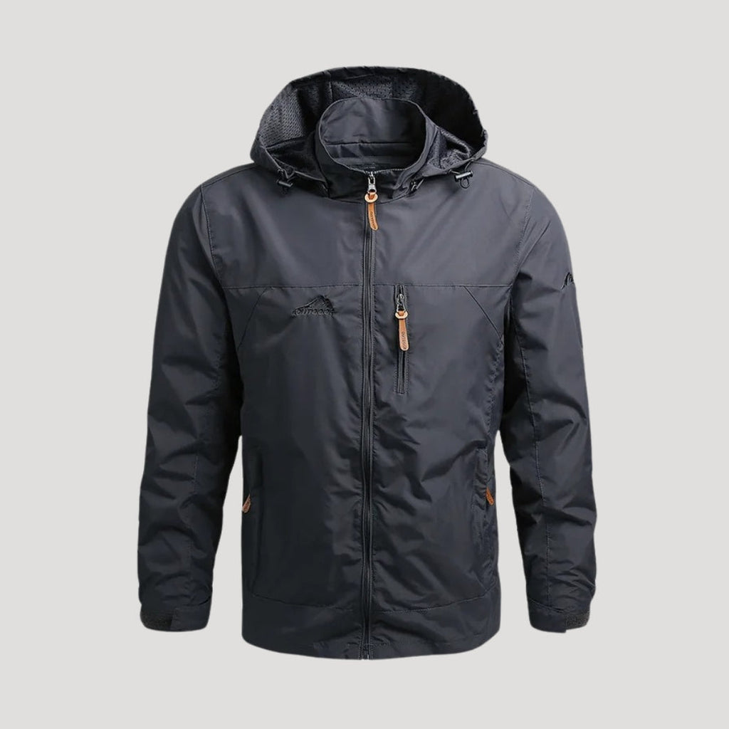 Men's hooded full-zip windbreaker jacket with long sleeves and zipped chest pocket