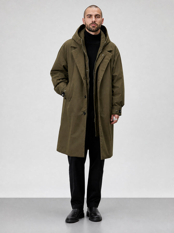 Men's Hooded Trench Coat in olive
