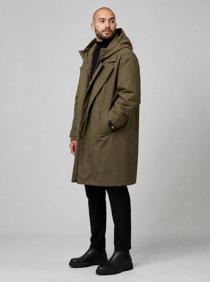 Men's Hooded Trench Coat in olive