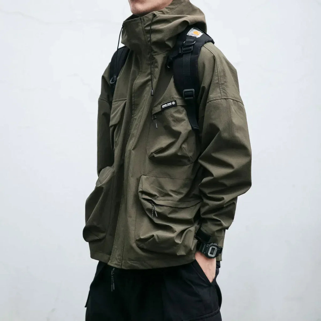 Men's hooded multi-pocket windbreaker jacket with zip front