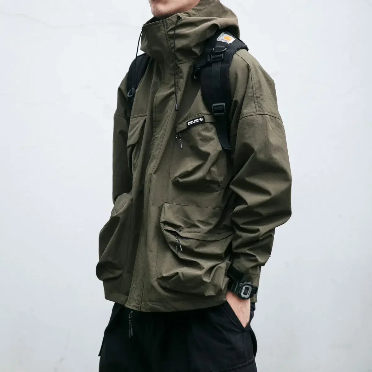 Men's hooded multi-pocket windbreaker jacket with zip front