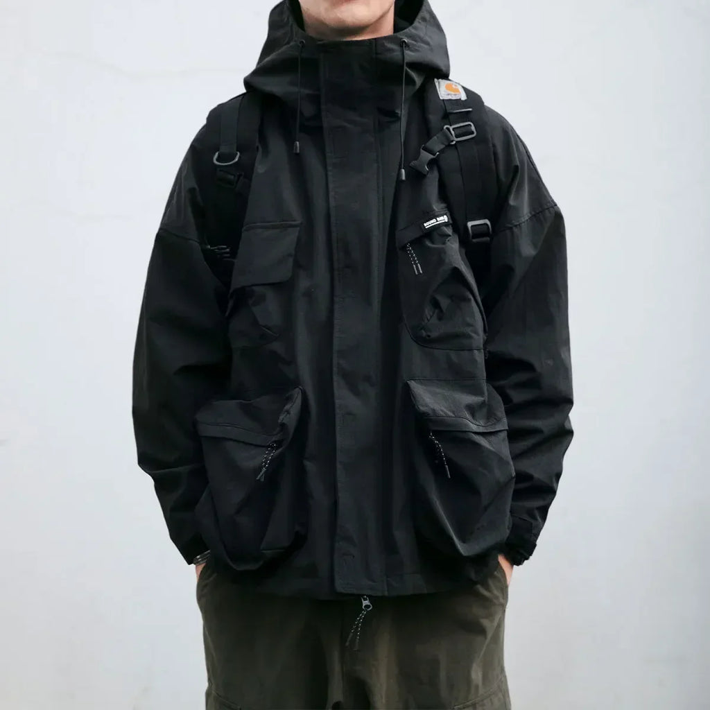 Men's hooded multi-pocket windbreaker jacket with zip front
