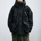 Men's hooded multi-pocket windbreaker jacket with zip front