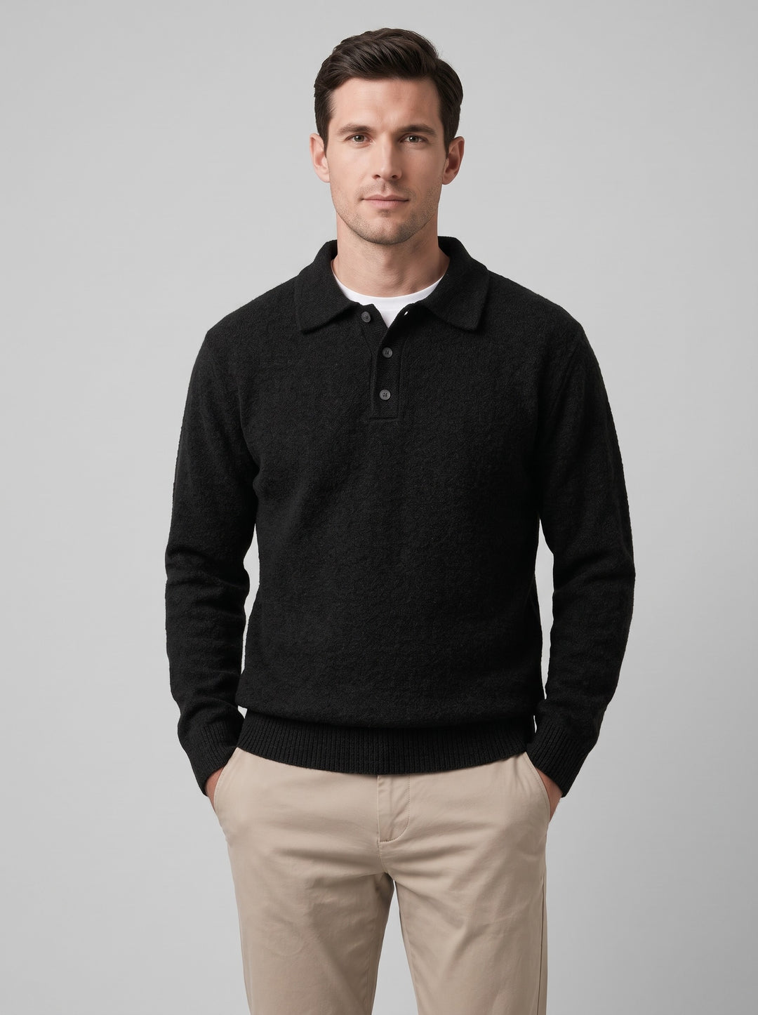Men's Textured Knitted Polo Jumper in black
