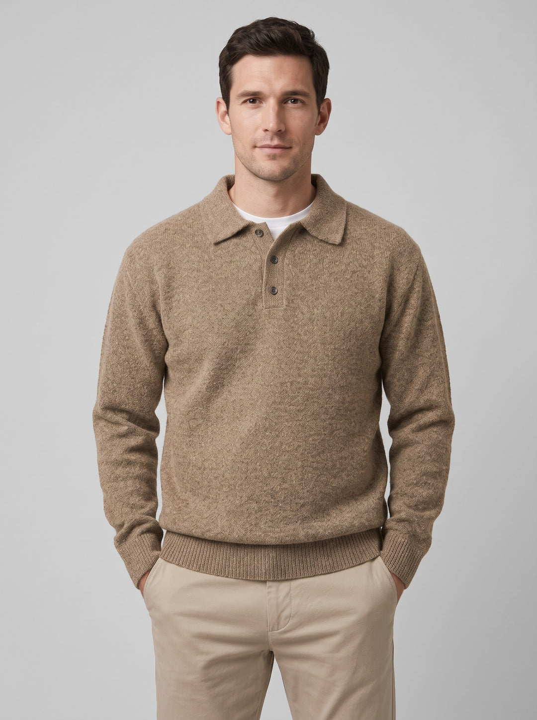 Men's Textured Knitted Polo Jumper in camel