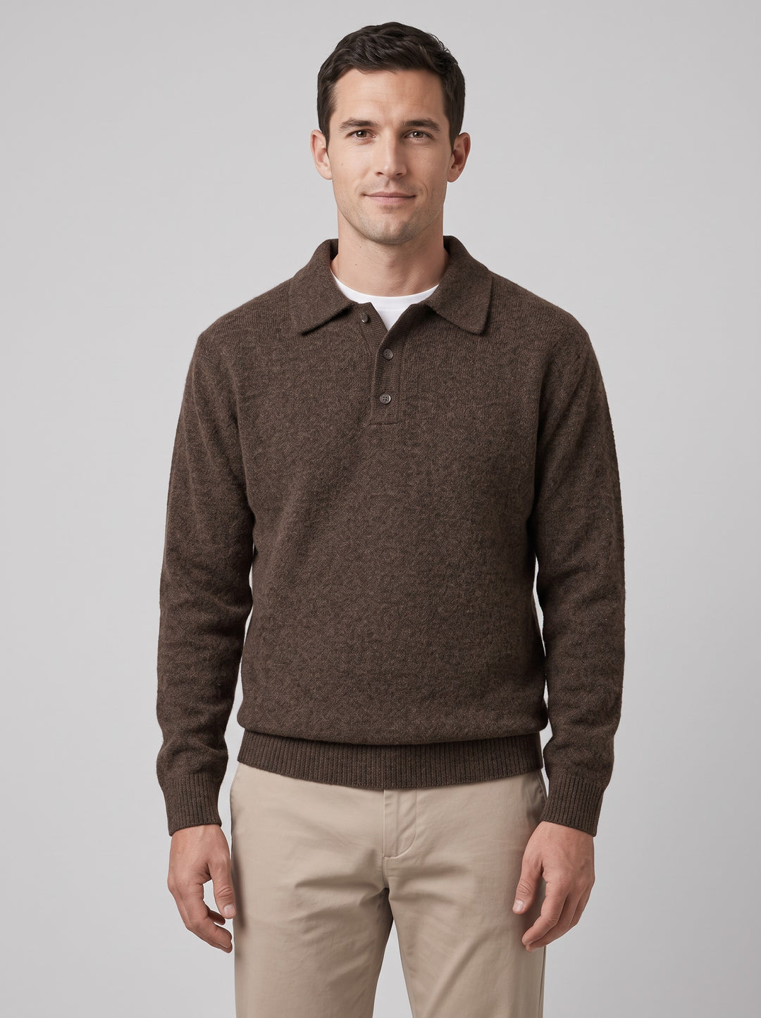 Men's Textured Knitted Polo Jumper in coffee brown