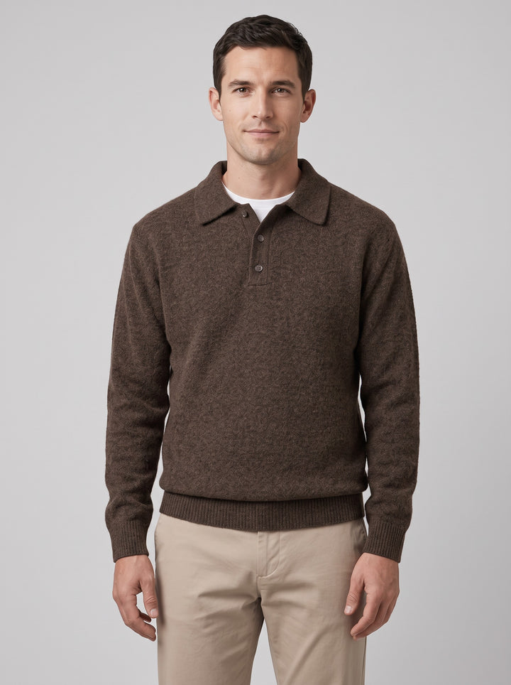 Men's Textured Knitted Polo Jumper in coffee brown