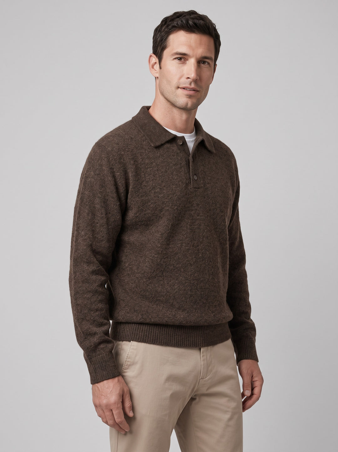 Men's Textured Knitted Polo Jumper in coffee brown