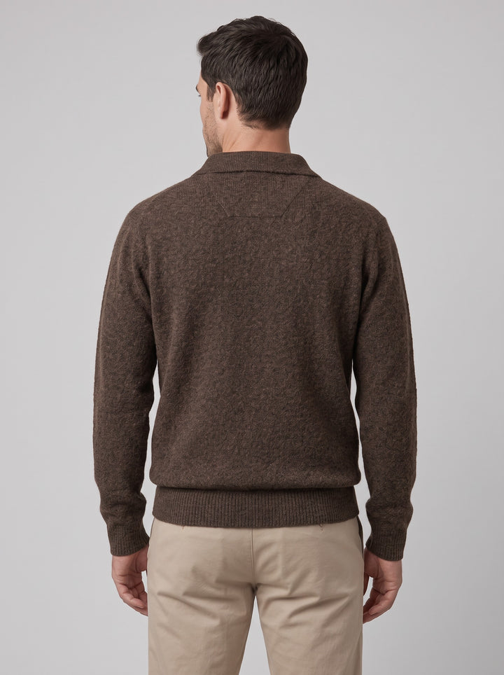 Men's Textured Knitted Polo Jumper in coffee brown
