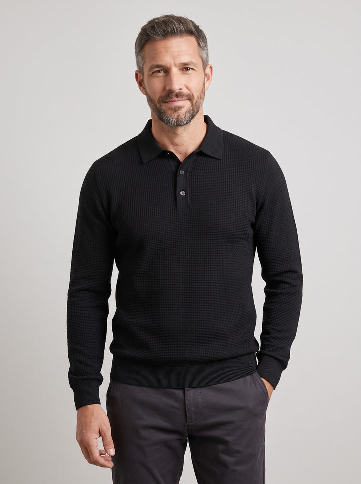 Men's Waffle Knit Polo Jumper in black